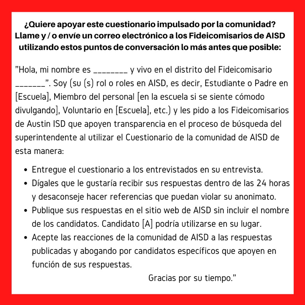 ATXJustice's tweet photo. A coalition of education advocates, educators, and parents worked together to create a list of questions that we would like the board of trustees to use in AISD’s Superintendent search process. Contact your trustee and let them know why finding the right superintendent candidate https://t.co/utIim4uuqq