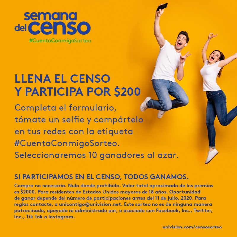 We all win with the #2020census . Fill out the census, take a selfie, and share your selfie on social media with the hashtag #cuentaconmigosorteo for a chance to win $200. Learn more at univision.com/censoconcurso
 
#univision #brighterfuture #cuentaconmigo #dfweducation #avancentx