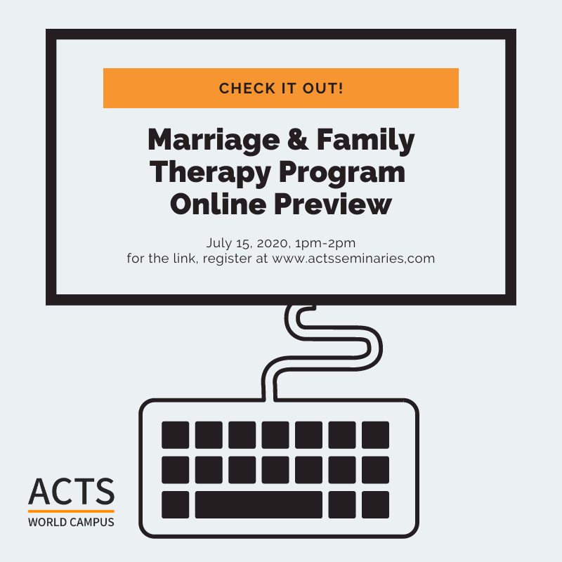ACTSWorldCampus's tweet photo. Is God leading you towards Marriage and Family Therapy? Join this online preview to learn more. You can even take your Bible and theology requirements online through the ACTS World Campus! We've got you covered. Let us help you become #equippedforimpact!
•
Powered by @mbseminary https://t.co/07YW1pQlS3