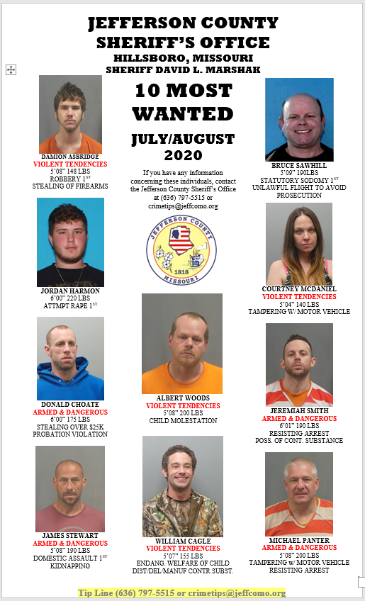 JeffCoMoSheriff's tweet photo. Brand new #10MostWanted
Please re-tweet.
Recognize any of these faces? Call our DetectiveBureau at 636-797-5515 with any tips. https://t.co/J8E4MisJuG