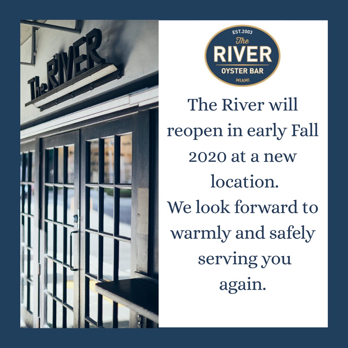 RiverOysterBar's tweet photo. We want to thank all of our patrons, friends, and staff for their continued support and interest in The River’s operations. The River will officially reopen in early fall 2020 at a new location: This new space is a mere 100 yards down the street.
(Full statement on IG/FB.) https://t.co/rtvkauXSZg