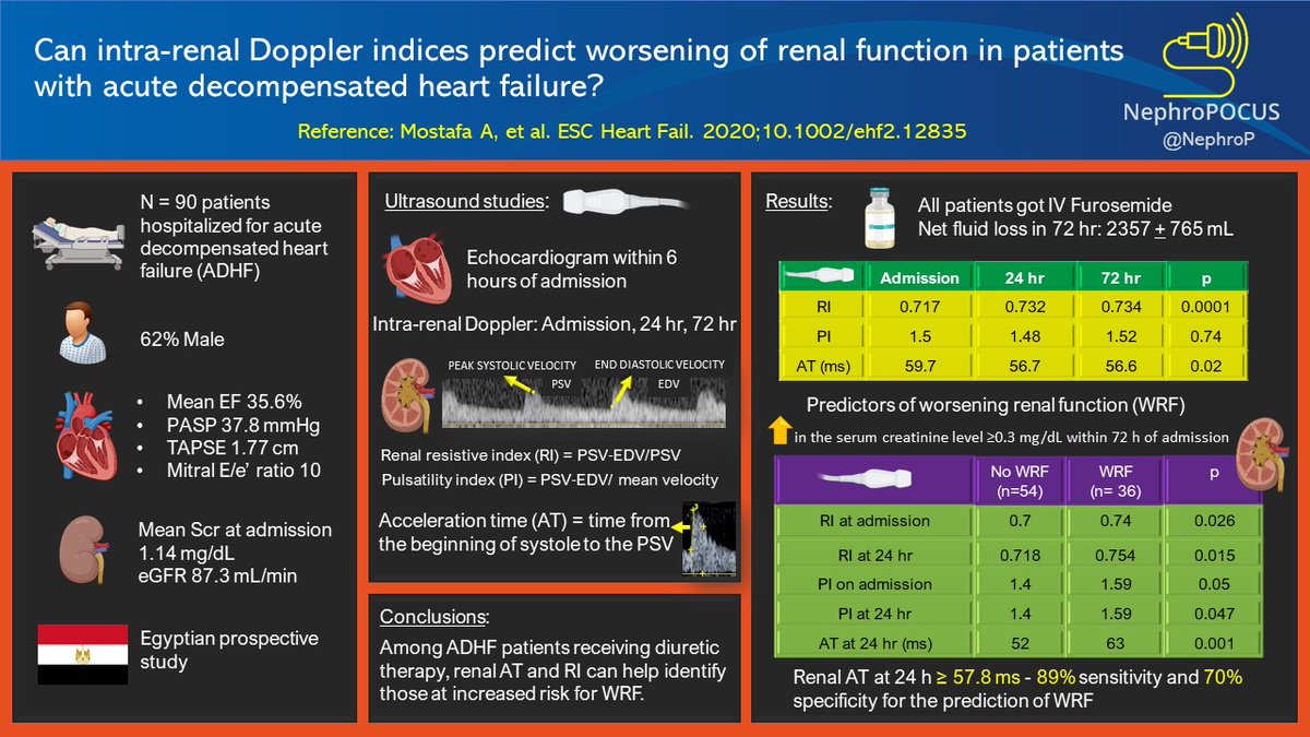 Intra-renal arterial Doppler #POCUS in patients presenting with acute decompensated #heartfailure may predict worsening #kidney function 🤔 #IMPOCUS #MedEd