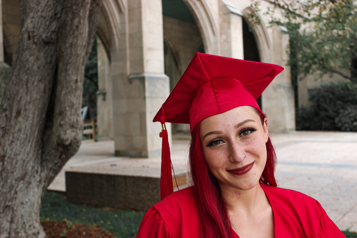 and yes i have no idea why i thought it was a good idea to dye my hair bright ass red before taking pics in my bright ass red cap and gown but i pulled it off :-)