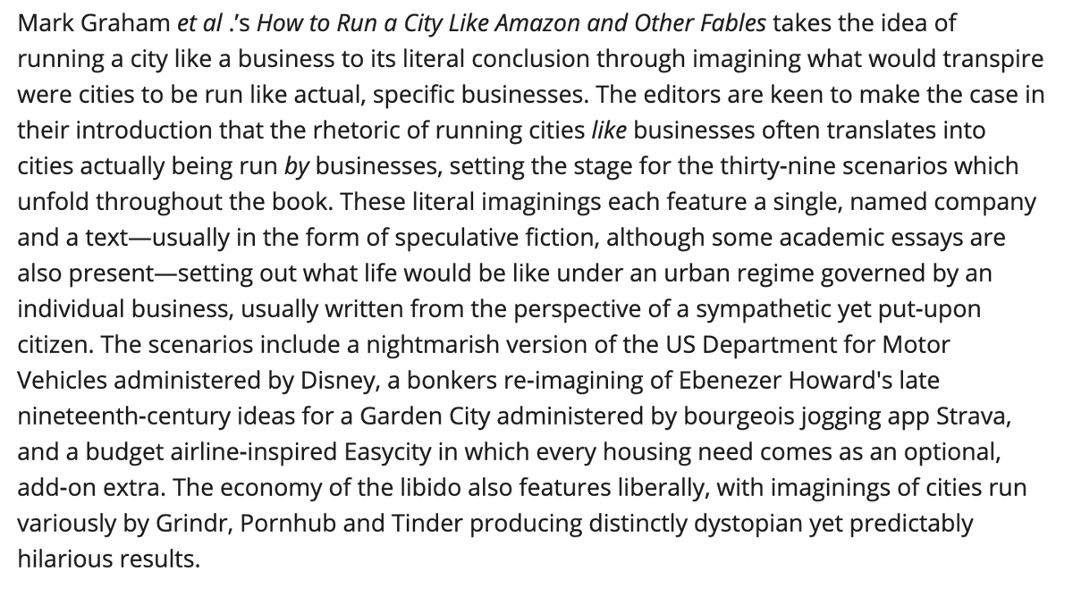 meatspacepress's tweet photo. Here's a nice review of How to Run a City Like Amazon, and Other Fables in @IJURResearch.

We still have some copies of our limited edition print run available to buy at https://t.co/GKJoA0ygIP.

You can also download the book for free there. https://t.co/aHs0dHNOtU