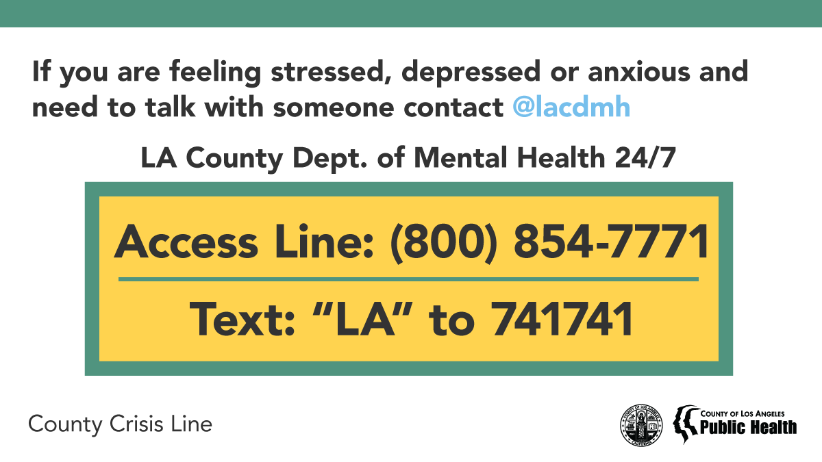 ENCINONC's tweet photo. If you’re feeling stressed, depressed or anxious and need to talk with someone, @lacdmh has resources available to help you during these trying times. LACDMH’s 24/7 Access Line (800) 854-7771 or Text “LA” to 741741 for mental health support, resources, and referrals.  #COVID19 https://t.co/OAdHifANKp