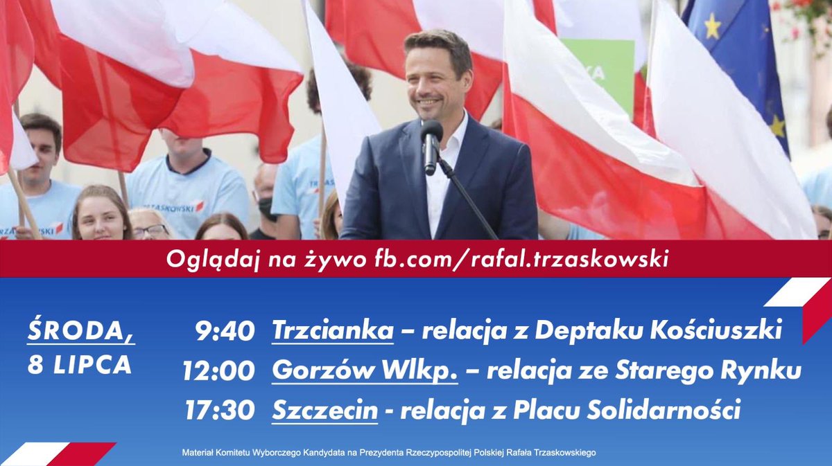 trzaskowski_'s tweet photo. Środę zaczynamy od wizyty w Trzciance, następnie widzimy się w Gorzowie Wielkopolskim i na koniec w Szczecinie. Bądźcie na bieżąco - oglądajcie transmisje online!✌️ https://t.co/PS4ImUtSIz