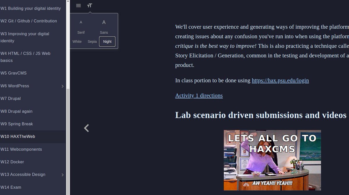 btopro's tweet photo. HAXcms 1.2.1 released and now live on hax dot psu.
New default theme (screen 1-2, day/night mode) applied to my 402 course: https://t.co/OE2Sd2G317
New alt theme (screen 3) applied to start of my new 210 course:
https://t.co/bm79rtTqL4 #edtech #HAXTheWeb #EdTechJoker #NGDLE https://t.co/ajP0v5SAHg