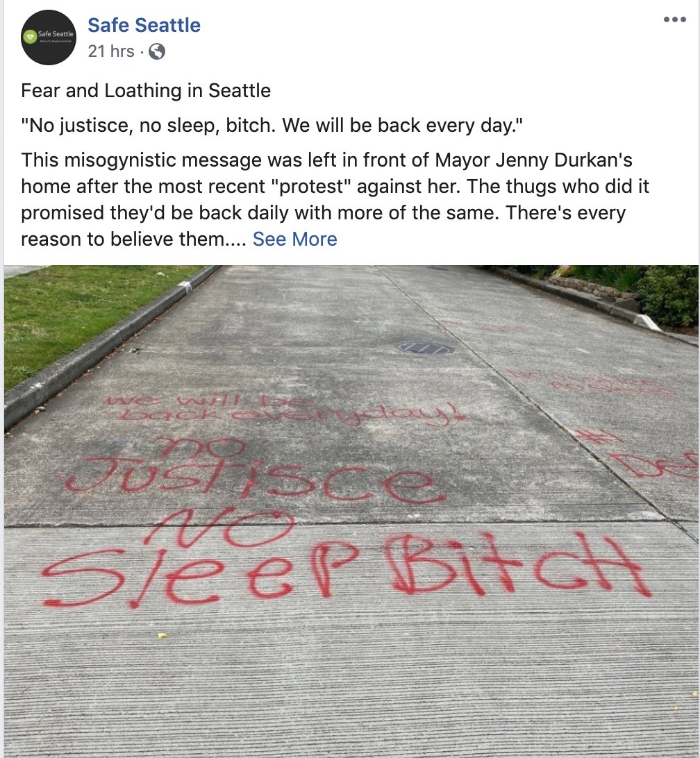 When Seattle Mayor Jenny Durkan spoke out against her last week, Sawant led hundreds of her footsoldiers to the mayor's private residence. Her goons spray-painted the mayor's front gate and left threatening messages on the pavement. "We know where you live."