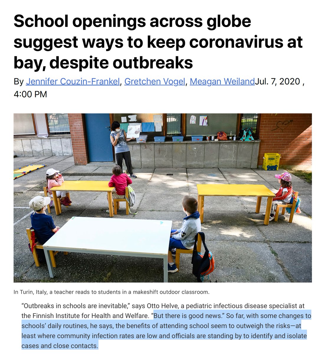 One of the most important  #COVID19 controversies: Should we reopen schools? Just out is a piece that reviews everything we know: the many outbreaks, the age gradient, distancing, masks, testing, contact tracing... https://www.sciencemag.org/news/2020/07/school-openings-across-globe-suggest-ways-keep-coronavirus-bay-despite-outbreaks by  @jcouzin  @GretchenVogel1  @MeaganWeiland