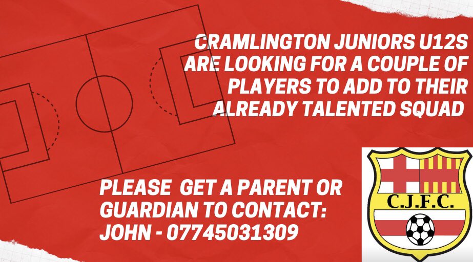 CramlingtonJnrs's tweet photo. Our U12s are looking to recruit.  Please get a parent or guardian to contact John. https://t.co/lqKIsrcFYc
