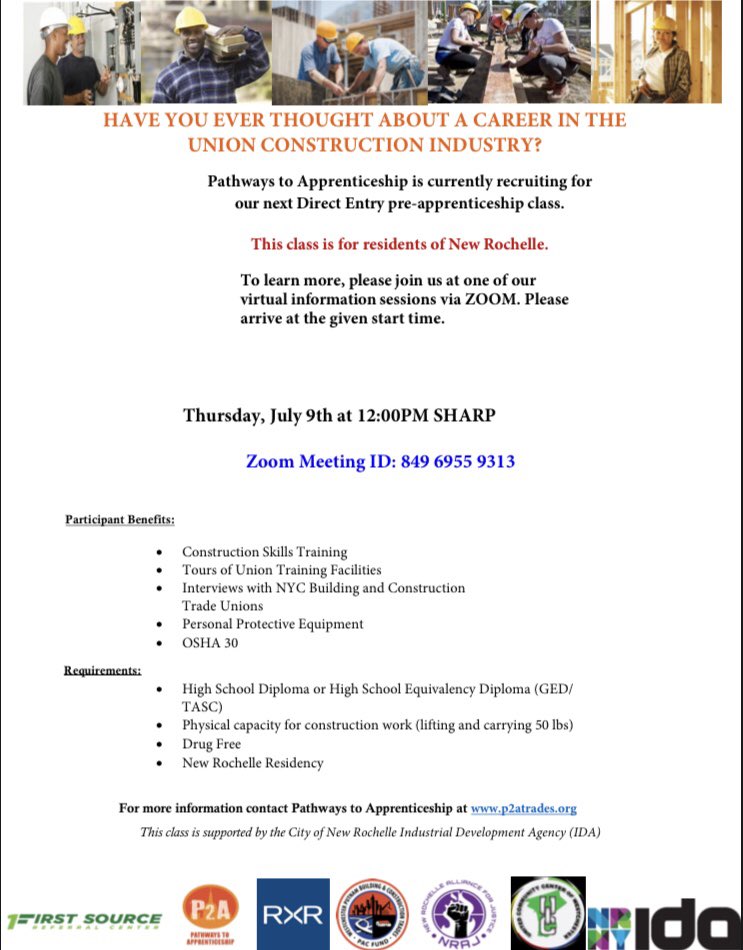 JayGillyTheKid's tweet photo. NEW ROCHELLE RESIDENTS: Another opportunity for entry into Pathways To Apprenticeship’s UNION CONSTRUCTION PRE-APPRENTICESHIP PROGRAM! Great benefits, great pay, consistent work, and a legit UNION career. Please dont miss this. It’s a layup!

ZOOM CALL: THURSDAY, JULY 9th At NOON https://t.co/dBwRoccyhh