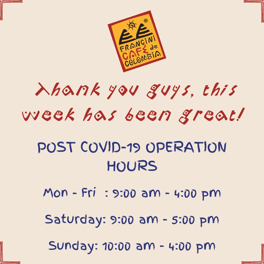 Thank you guys this week has been great! 🙏
As you know we are an independent family-owned business. For now, we will be adjusting our operations hours according to demand rising as everything is going back to normal. We appreciate your support and we will keep updated.