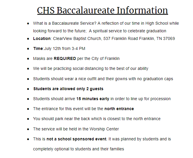 CHSclass0f2020's tweet photo. Hey seniors! We have decided to go forward with having a Baccalaureate service. It will happen this sunday, July 12th, from 3-4 at Clearview Baptist Church. Students will be allowed 2 guests &amp; masks are required. Please see the attachment for more info. Hope to see you there! https://t.co/fcwZKMEXuV