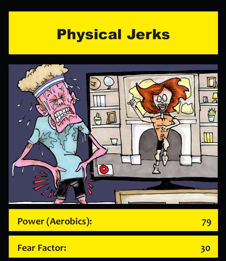 modernhorrorsuk's tweet photo. Lost lockdown Modern Horror rediscovered! All hail the Nation’s PE Teacher and his overconfident middle-aged followers! #joewicks #bodycoach #aerobics #pe #cartoon #toptrumps #sprainedsomething #satire #horror https://t.co/HLkDolvTxT