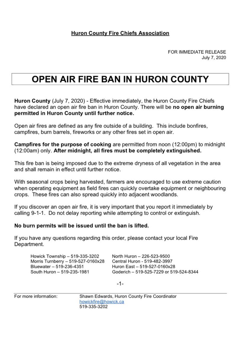 Huron County Fire Chiefs issue burn ban. See attached for more information.