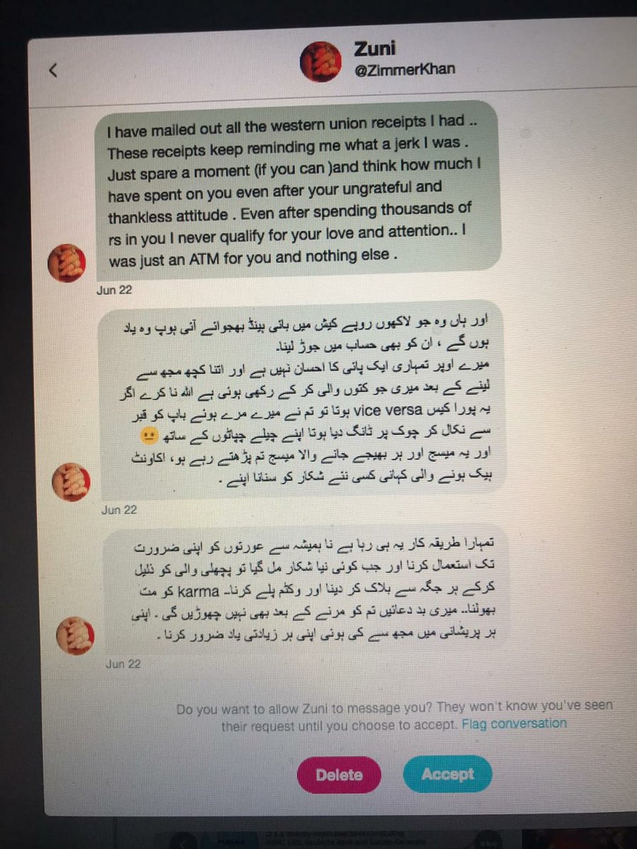 just after 7 months of marriage sadaf found out that  @alisalmanalvi is blackmailing women for money using different twitter IDs. She found emails and receipts of money sent to ali salman . on confrontation salman apologized by saying it was an old chapter that he needed closure