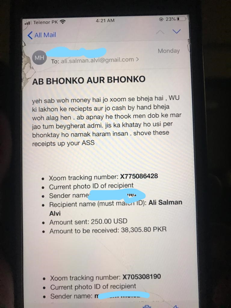 just after 7 months of marriage sadaf found out that  @alisalmanalvi is blackmailing women for money using different twitter IDs. She found emails and receipts of money sent to ali salman . on confrontation salman apologized by saying it was an old chapter that he needed closure