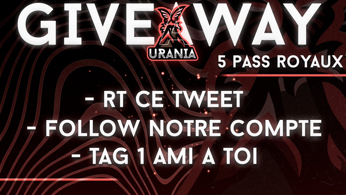 Urania_eSport's tweet image. Pour fêter notre affiliation, quoi de mieux qu'un petit giveaway ? 👀

5 pass royaux sont mis en jeu, il vous suffit de :

♻️ RT &amp;amp; Follow @Urania_eSport 
👬 Mentionner 1 ami

Le tirage au sort aura lieu vendredi 🦋