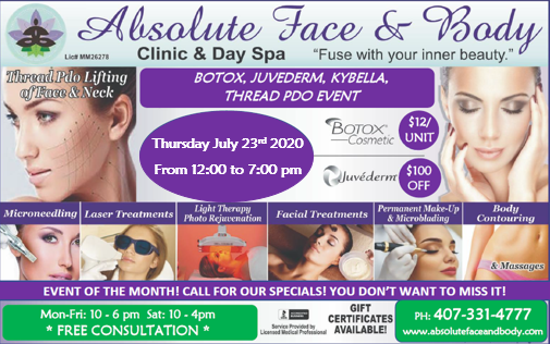 AbsoluteFB_Spa's tweet image. Come and join us at our Botox, Juvederm, Kybella, Thread PDO Event on Thursday, July 23rd from 12 p.m to 7 p.m
Great deals in all services.
Call us at (407) 331-4777 to book your appointment now.
Space is limited! 
Enjoy our all month specials!