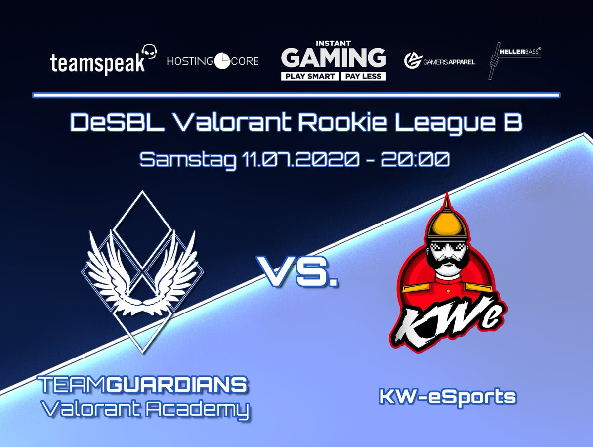 ++ Team Guardians vs. KW eSports ++

DeSBL Valorant Rookie League B
Team Guardians Academy vs. KW eSports

Samstag 11.07.2020 um 20:00

#teamguardians #guardax @esports_kw <a href="/teamspeak/">TeamSpeak</a> <a href="/InstantGamingDE/">Instant Gaming</a>  <a href="/GamersApparel/">Gamers Apparel</a> #sponsoring #esports #valorant #liga #desbl
