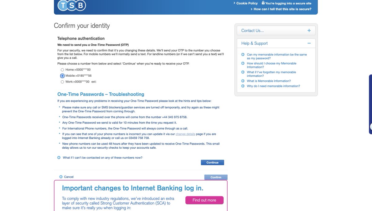 _don_mac_'s tweet photo. @TSB Here's the screenshot that includes the number that is not in service. It also refers to a "previous button - below"  that doesn't exist.  Taking away the international support is a HUGE deal but TSB doesn't seem to have a sense of urgency.....should be fixed in hours not weeks.. https://t.co/UJFbUCDVye