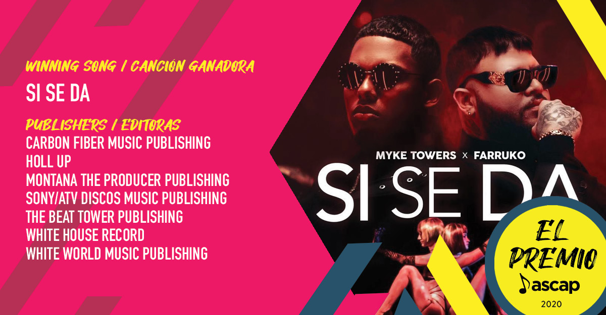 ASCAP's tweet photo. 👏 👏 👏   "Si Se Da" winning pubs @cfibermusicinc, @FarrukoOfficial, @MontanaTheProd, @SonyATVMusicPub, @sharotowers, White House Record &amp; White World Music Publishing. #ASCAPAwards #ElPremioASCAP https://t.co/RWMUrGfq2i