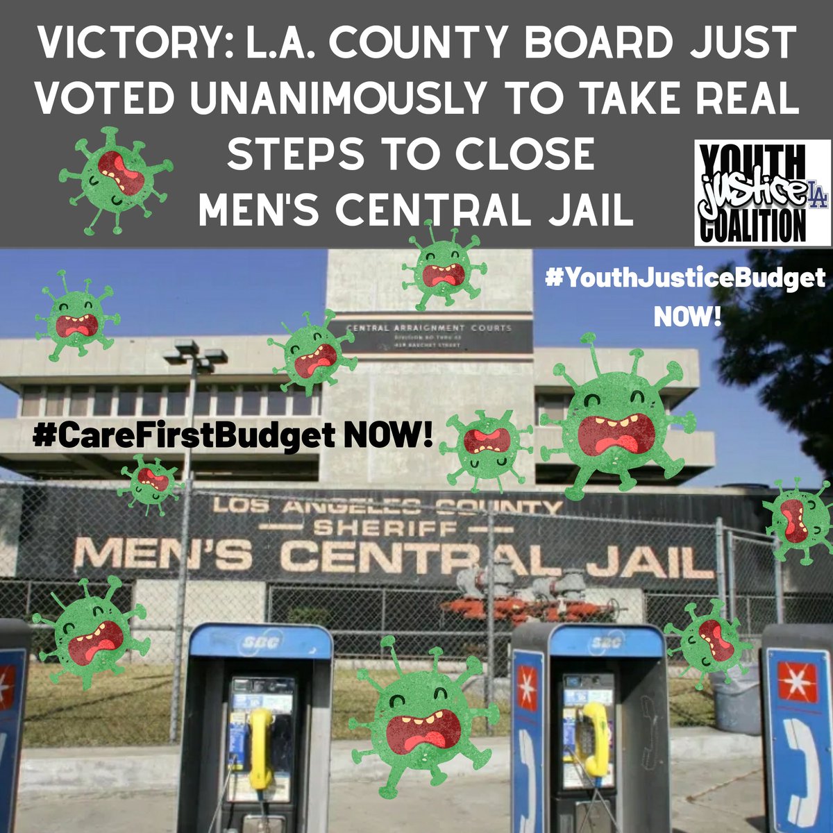 TODAY WE WON-L.A. County Board of Supervisors Voted Unanimously to Take Real Steps to CLOSE MEN'S CENTRAL JAIL!! 📢📢📢✊🏿✊🏾 Honored to work with <a href="/JusticeLANow/">JusticeLA</a> coalition who organized over 17,000 public comments today in support of #CareNotCages!! End the #IncarcerationVirus now!