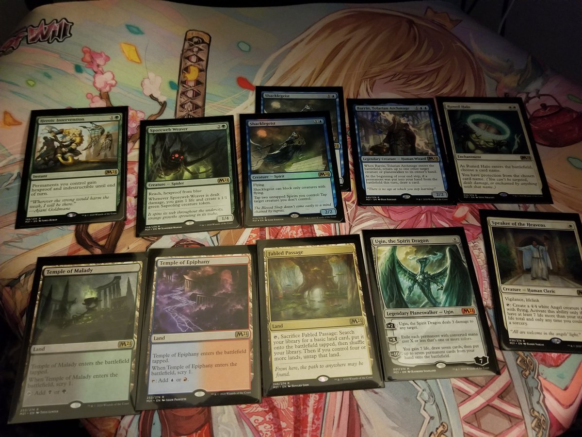 Gjenfodt's tweet photo. These are the pulls from the #CoreSet2021 bundle I opened today. Very happy, especially with the Heroic Intervention and Ugin. One of the Shacklegeists is a foil as well. #Core2021 #MagicTheGathering #MTG #PackOpening #TradingCards #CardCollections https://t.co/4Xg8GujC0A