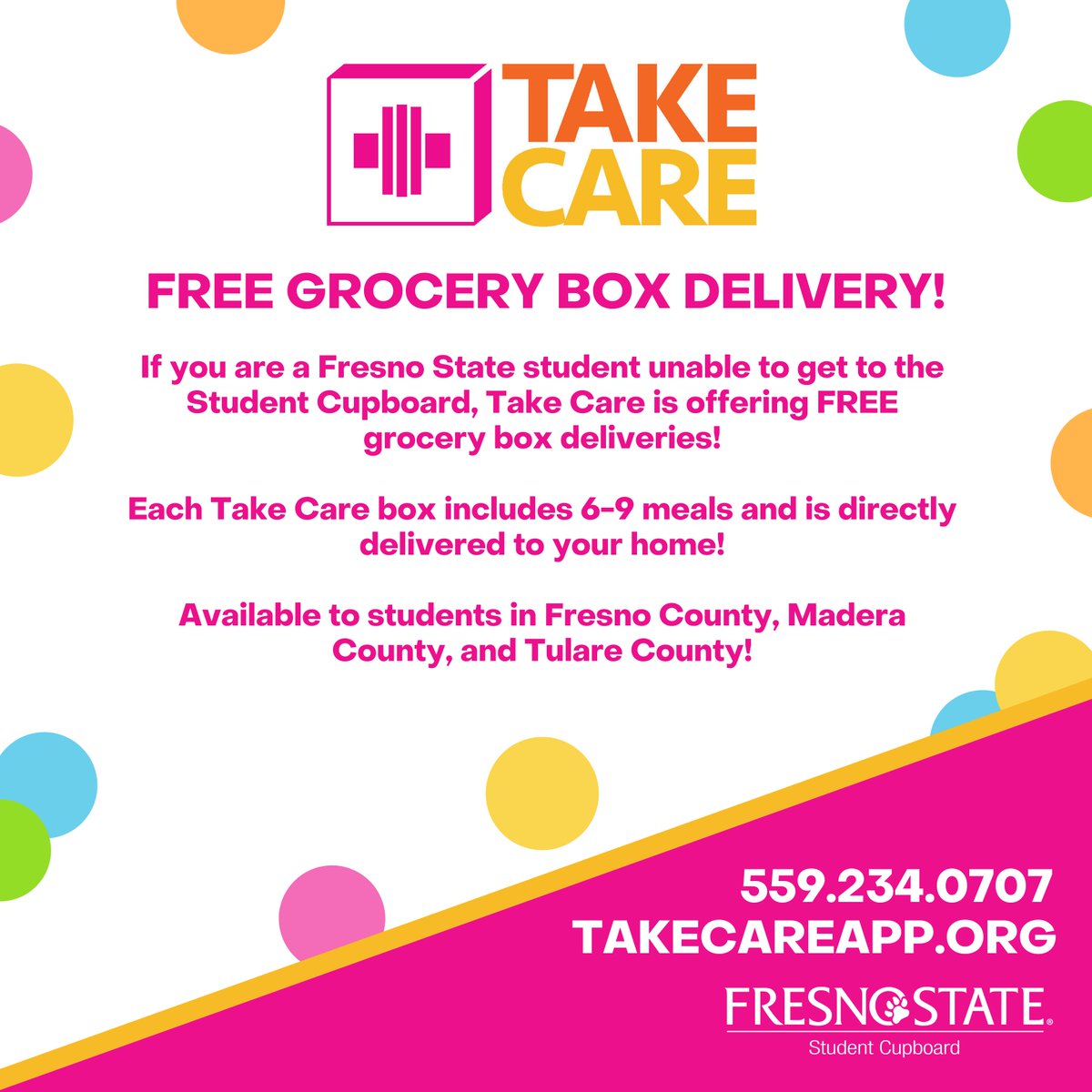 FSGetInvolved's tweet image. The Student Cupboard has partnered with the Take Care program to help provide FREE grocery deliveries to #FresnoState students in need.
Donate, volunteer or schedule your delivery today!
Learn more at takecareapp.org or call 559.234.0707.
#FSFoodSecurity #GetInvolved