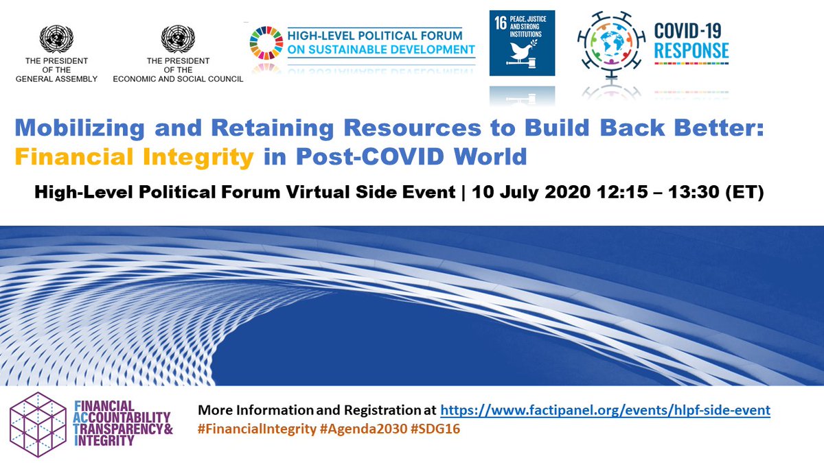 Coming up this week! #HLPF virtual side event on #FinancialIntegrity in Post #COVID19 , hosted by <a href="/UN_PGA/">UN GA President</a> and <a href="/UNECOSOC/">UN ECOSOC President</a> President on Friday. Panel Co-chairs
<a href="/NEPAD_Mayaki/">Ibrahim Mayaki</a> &amp; <a href="/Grybauskaite_LT/">Dalia Grybauskaitė</a> will update on the work progress. Register here: bit.ly/FACTI2020HLPF