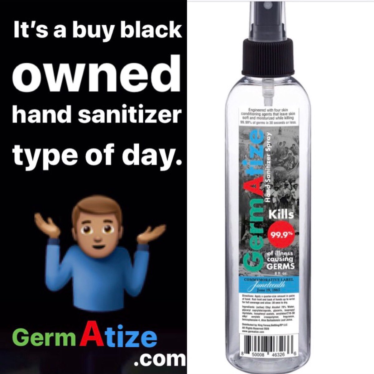 germatize's tweet photo. Make today about supporting black business and that’s one step closer to making everyday about supporting black business until it becomes the norm.. Buy Black sounds and looks good on you. #germatIze #handsanitizer Log on to https://t.co/zh0k62eEae Now!!! https://t.co/vORXTNsFQE