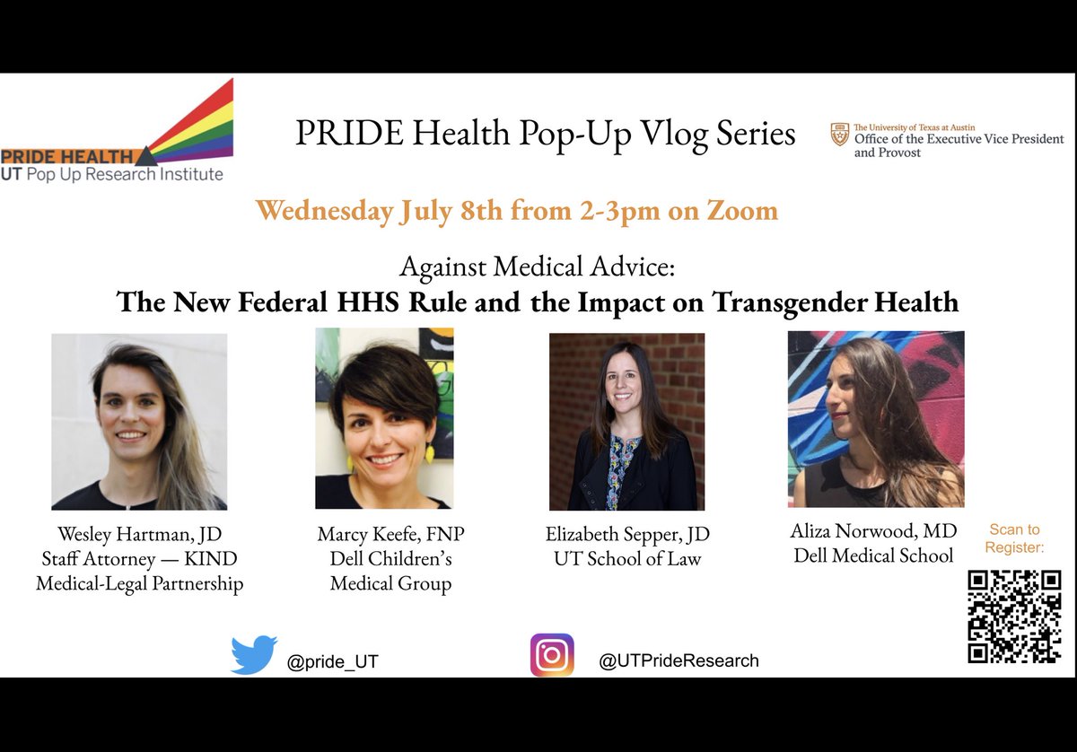 pride_ut's tweet image. Please join us this Wednesday, July 8th from 2-3pm for our first vlog episode: Against Medical Advice: The New Federal HHS Rule the Impact on Transgender Health.