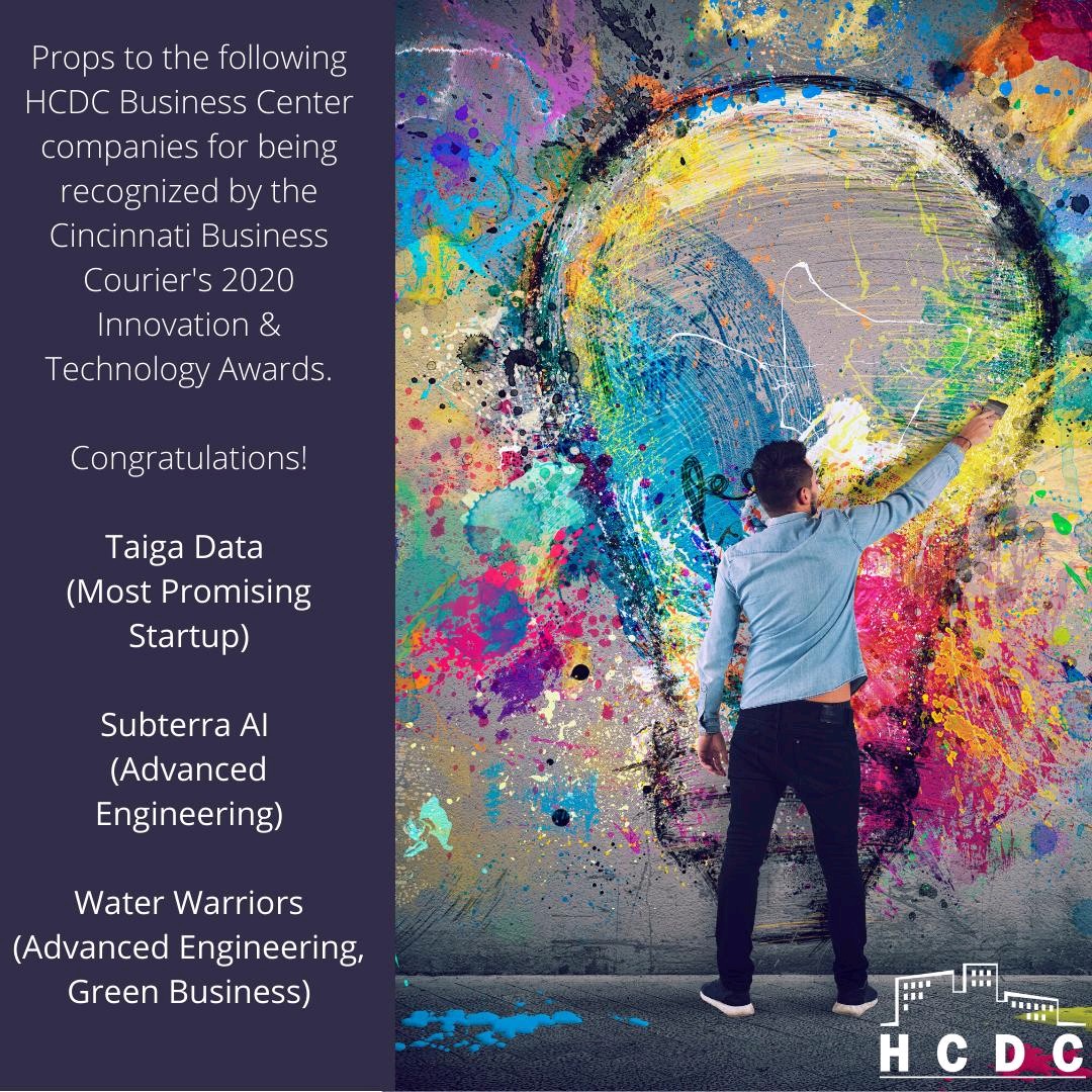 Congratulations to our Business Center clients that were recognized by the <a href="/BusinessCourier/">Cincinnati Business Courier</a> as 2020 Innovation and Technology Award Winners! 
<a href="/Taiga_Data/">Taiga</a> <a href="/subterraai/">SubterraAI</a>  <a href="/Water__Warriors/">Water Warriors</a> 
#innovation #startupcincy