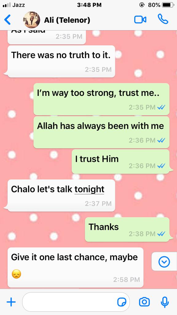 When sadaf confronted him with evidence he made up a story that she needed consolation as she was alone . sadaf was a new mother, post operation she was bed ridden as she also went through a miscarriage and was on bed rest. couldn't do much apart from just warning him