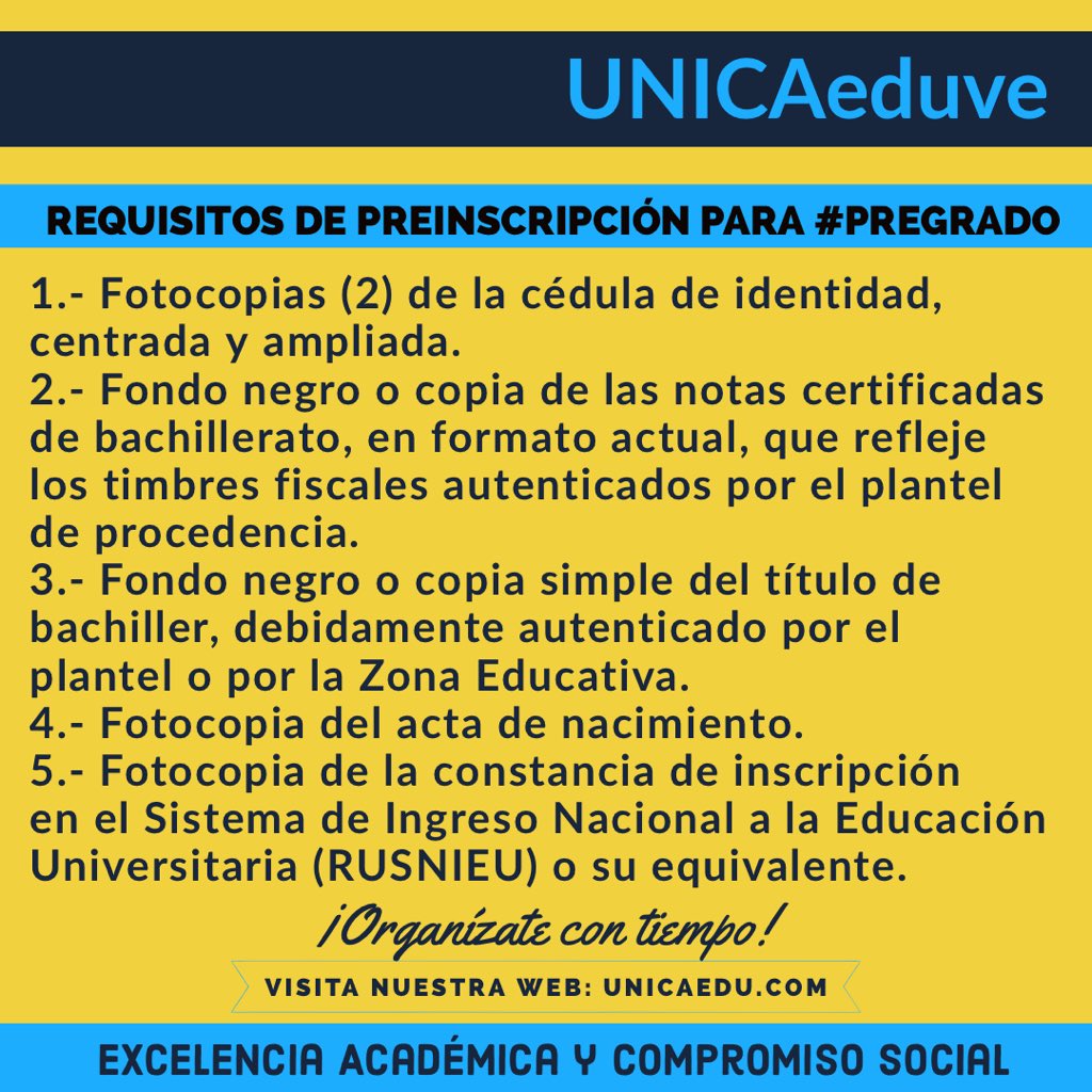 UNICAeduve's tweet photo. Estos son los requisitos para la preinscripción en #PregradoUNICA y los pasos a seguir.
Todo el proceso es 100 % en línea. ¡Desde donde estés!
👉 https://t.co/X96LnM1qjS https://t.co/awQtGlIz8l