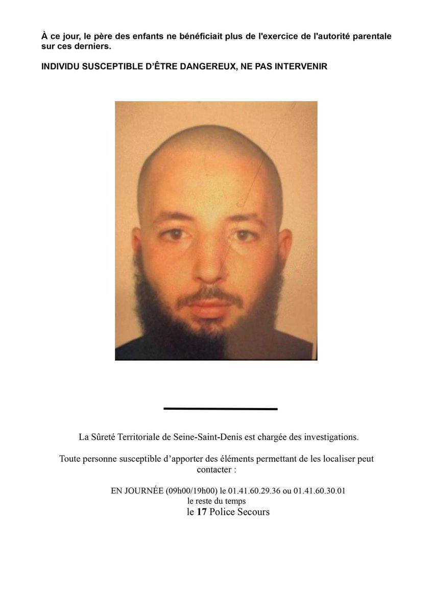 🇫🇷 ALERTE - À DIFFUSER : 2 enfants ont été enlevés à #Drancy par leur père avec un complice. L'homme, dangereux, peut s'enfuir en #Belgique, en #Allemagne ou en #Algérie. Les 2 enfants (6 et 7 ans) étaient pieds nus et en culotte lorsqu'ils ont été enlevés. (pref. #police) #Paris