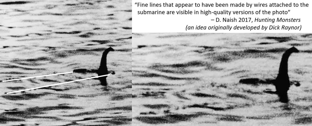Also of interest is the argument (from Dick Raynor, and repeated by me) that wires are visible in the photo. It’s hard to be 100% sure that they’re there, but it _looks like_ they’re connected to the stern and bow of the object.  #LochNessMonster