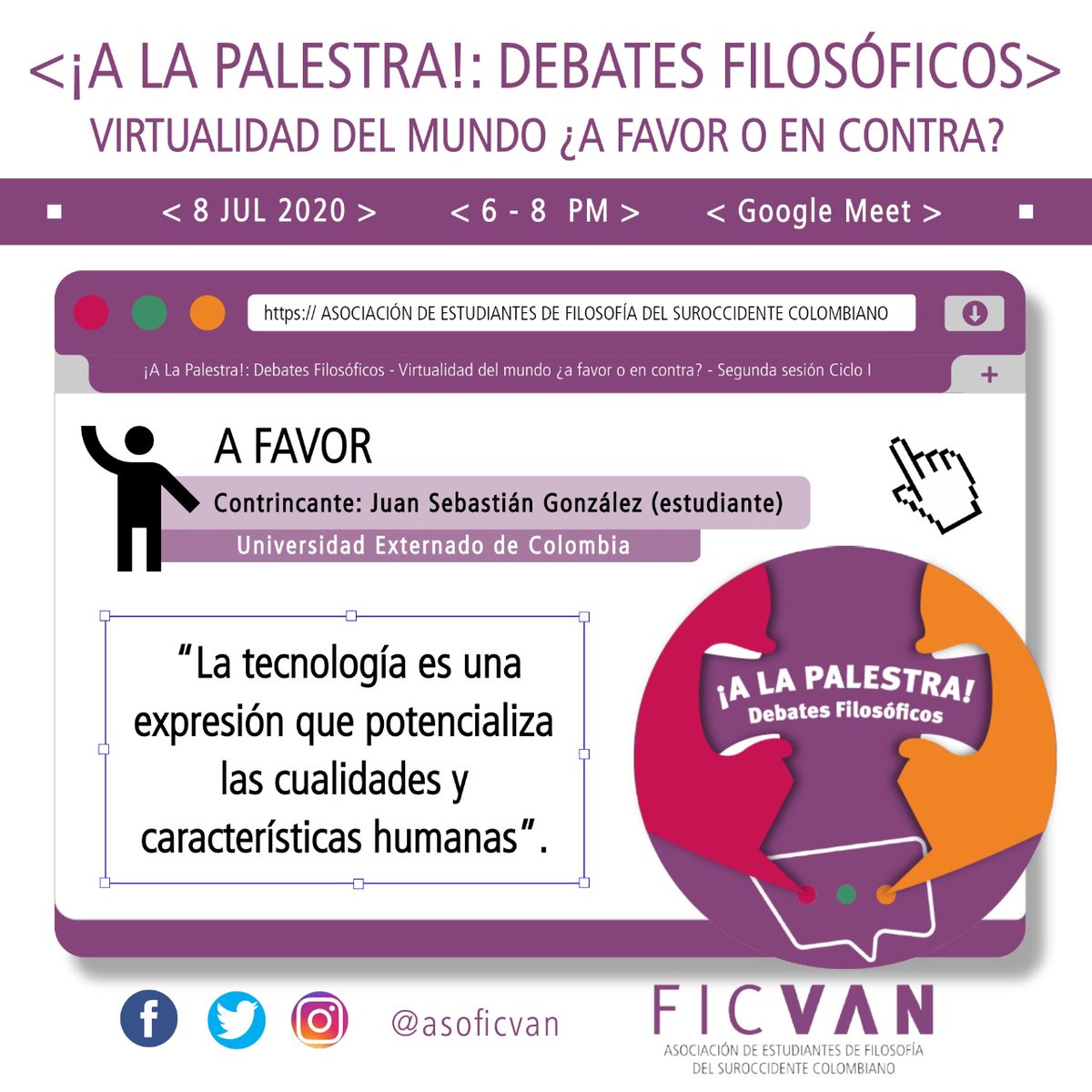 asoficvan's tweet photo. #FICVAN | #ALaPalestra ¡No te pierdad mañana "A La Palestra"! Viene recargado con el debate #VirtualidadDelMundo ¿A favor o en contra? Conoce los argumentos, inscríbete y participa. FB/IG @asoficvan https://t.co/pD2g0JFy52