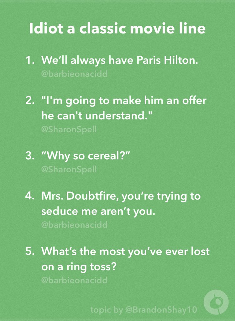 grumpy_yin's tweet photo. Idiot a classic movie line
@barbieonacidd @SharonSpell / topic by @BrandonShay10 #pitchjokes https://t.co/BrQ1UBgsPr