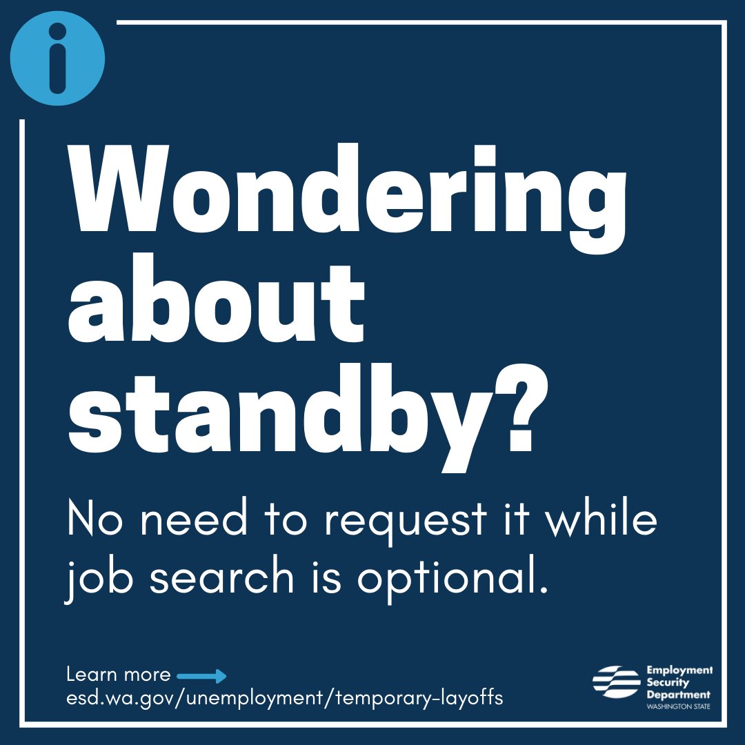 ESDwaWorks's tweet photo. Job search requirements remain optional through Aug. 1. You can answer "no" to the job search question on your weekly claim &amp; you do not need to update your standby request. Learn more at https://t.co/yQwem9BSjW or https://t.co/XfDCA1LAE0. https://t.co/ODziairYgI