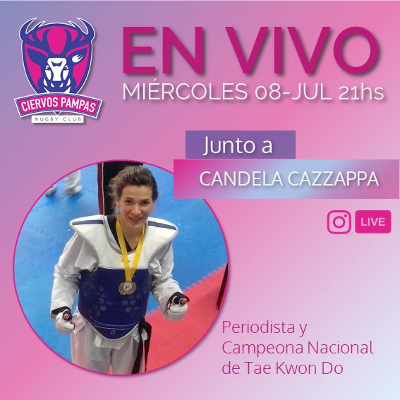 CiervosPampas's tweet photo. Amigxs, este Miércoles 8 de Julio a las 21hs. llegamos con un nuevo live por nuestro instagram junto a @candecazzappa, Periodista y Campeona Nacional de TaeKwonDo.
.
.
.
.
.
.
.
.
.
#Candelacazzappa
#Sororidad
#taekwondo
#deporteygenero
#ciervospampas
#vamosciervos https://t.co/diYvs6fJuq