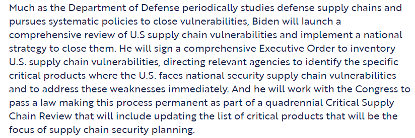 It envisions an ongoing review and planning process to ensure that the US always has access to critical supplies. This complements planning exercises that the DoD already does, and that all of government should be doing (but basically hasn't) through the DPAS process.