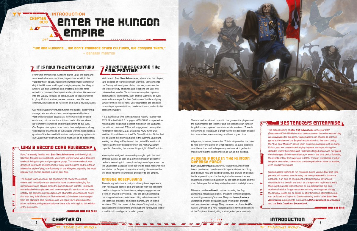 The first preview I can share is from the introduction and it includes a sidebar explaining why this is a 400 pg core rulebook rather than a 130 pg supplement. This product is intended to be a standalone entry point to  #StarTrek   Adventures from an entirely  #Klingon point of view.
