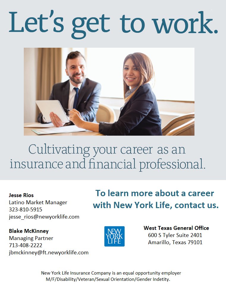 AmarilloHCC's tweet photo. New York Life Insurance is now recruiting for Latino Target Markets and West Texas General Office!

Make sure to contact them for more information! https://t.co/LsNzEo5eDZ