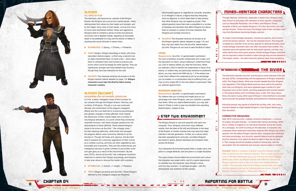 This preview is from chapter four, which details character creation. There’s also a section on House creation as well, which will be of great value in a Klingon campaign.