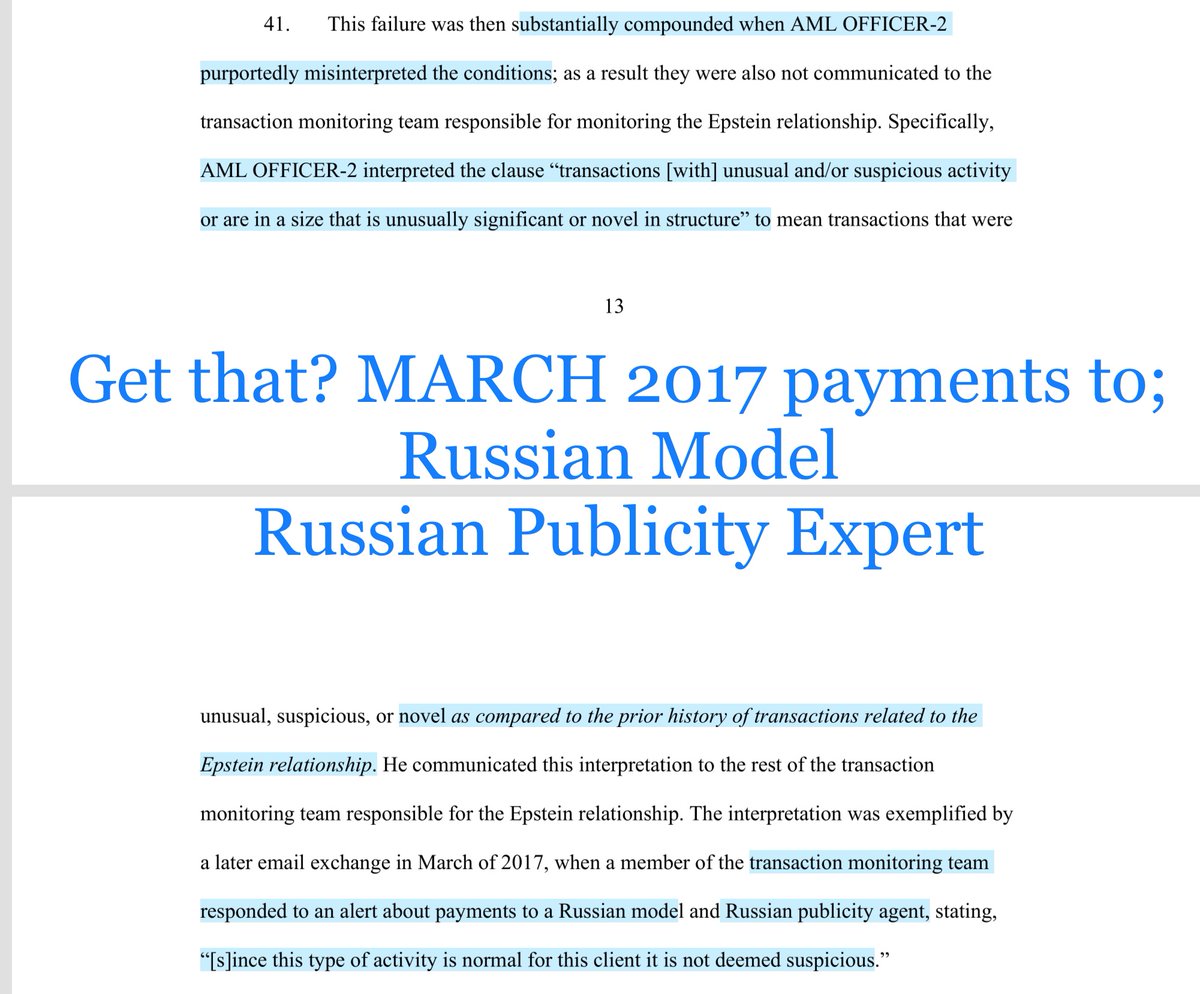 Baby oh BABYSee paragraph 41, which reads in part:“March of 2017... transaction monitoring team responded to an alert about payments to a Russian model and Russian publicity agent, stating, “[s]ince this type of activity is normal for this client it is not deemed suspicious.”