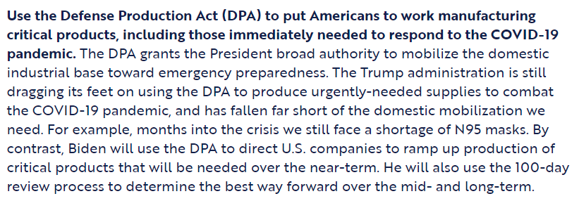 The Trump administration has not used many of the considerable powers of the Defense Production Act (DPA) to solve supply chain problems. Biden pledges to.