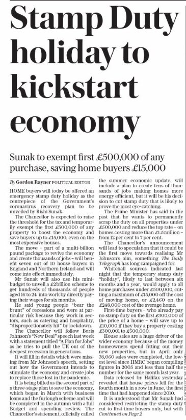 yhomes's tweet photo. Looking like the Chancellor will start the stamp duty holiday straight away. Good news if this is correct. https://t.co/qs3gtoYTjj
