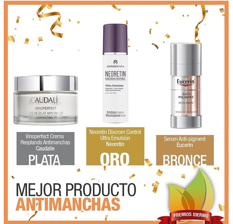 idermo_es's tweet photo. Ganadores en la categoría MEJOR PRODUCTO ANTIMANCHAS de la 7° Edición de #PremiosiDermo BRONCE: SERUM ANTI‐PIGMENT @eucerines PLATA: VINOPERFECT CREMA RESPLANDOR ANTIMANCHAS @caudalie ORO: NEORETIN DISCROM CONTROL ULTRA EMULSION #neoretin ¡Enhorabuena a los Ganadores! https://t.co/s5JxNOAifX