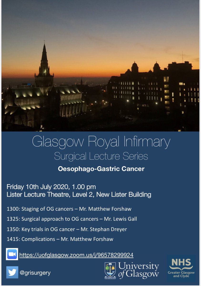 Next session in the <a href="/grisurgery/">Surgery Glasgow Royal Infirmary</a> Surgical Lecture Series is on oesophageal cancer. This Fri, 10th July starting at 1300 and on Zoom uofglasgow.zoom.us/j/96578299924 <a href="/grisurgery/">Surgery Glasgow Royal Infirmary</a> <a href="/WestOfScotland1/">WOSSA</a> <a href="/StsWos/">WoS GenSurg STs</a> <a href="/GPeriop/">GPeriop</a>